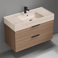 Floating Bathroom Vanity, Modern, Walnut, 40 inch, Travertine Style Sink